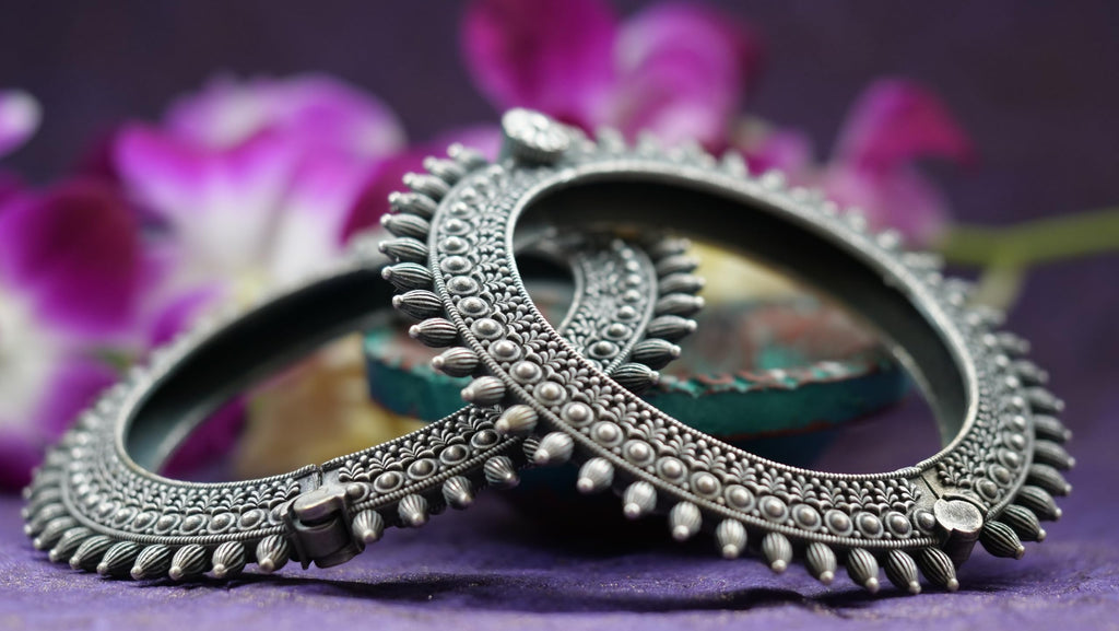 Hasto by Hasti Oxidised German Silver Beaded Leaf Fringe Kada Pair for Women | Navratri Bangles, Ethnic Kada, Garba Jewellery & Saree Wear