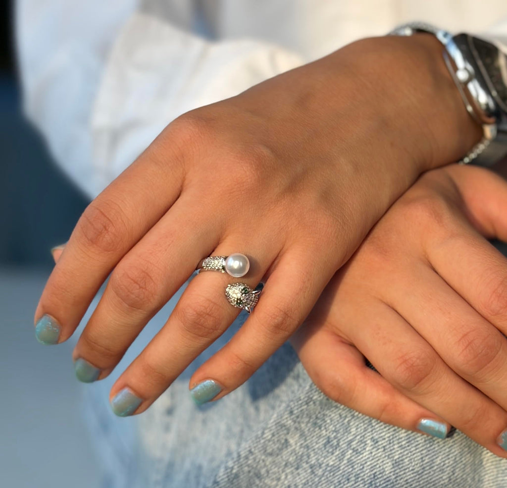 Hasto by Hasti Silver Leopard Pearl Adjustable Ring for Women & Girls | Statement Animal Design Ring | Party Fashion Ring