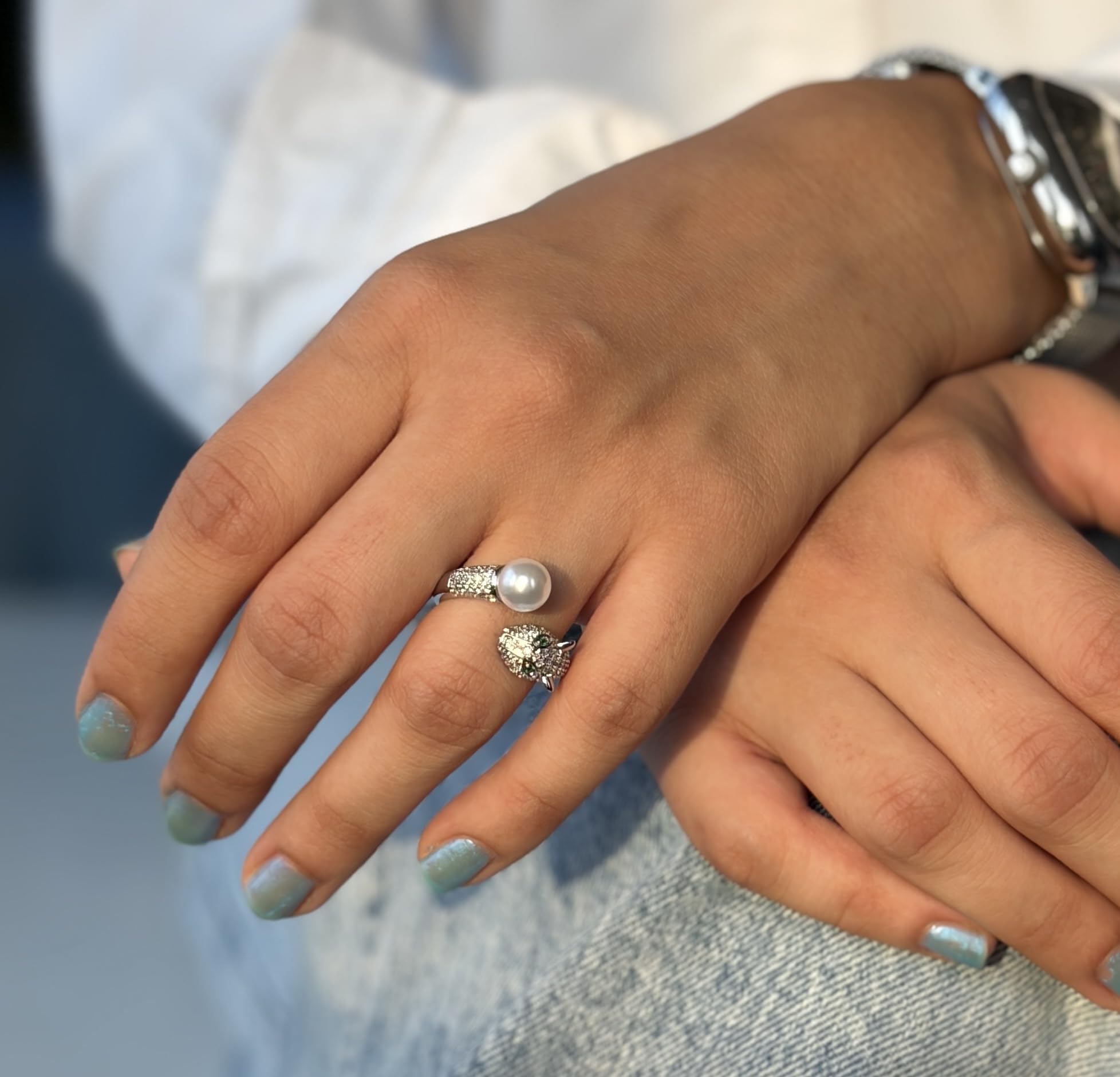Hasto by Hasti Silver Leopard Pearl Adjustable Ring for Women & Girls | Statement Animal Design Ring | Party Fashion Ring