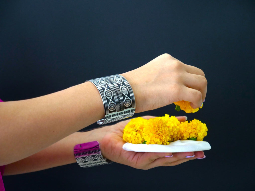 Hasto by Hasti Oxidised German Silver Concentric Circle Panel Wide Cuff Bracelet for Women – Navratri, Saree & Festive Outfits
