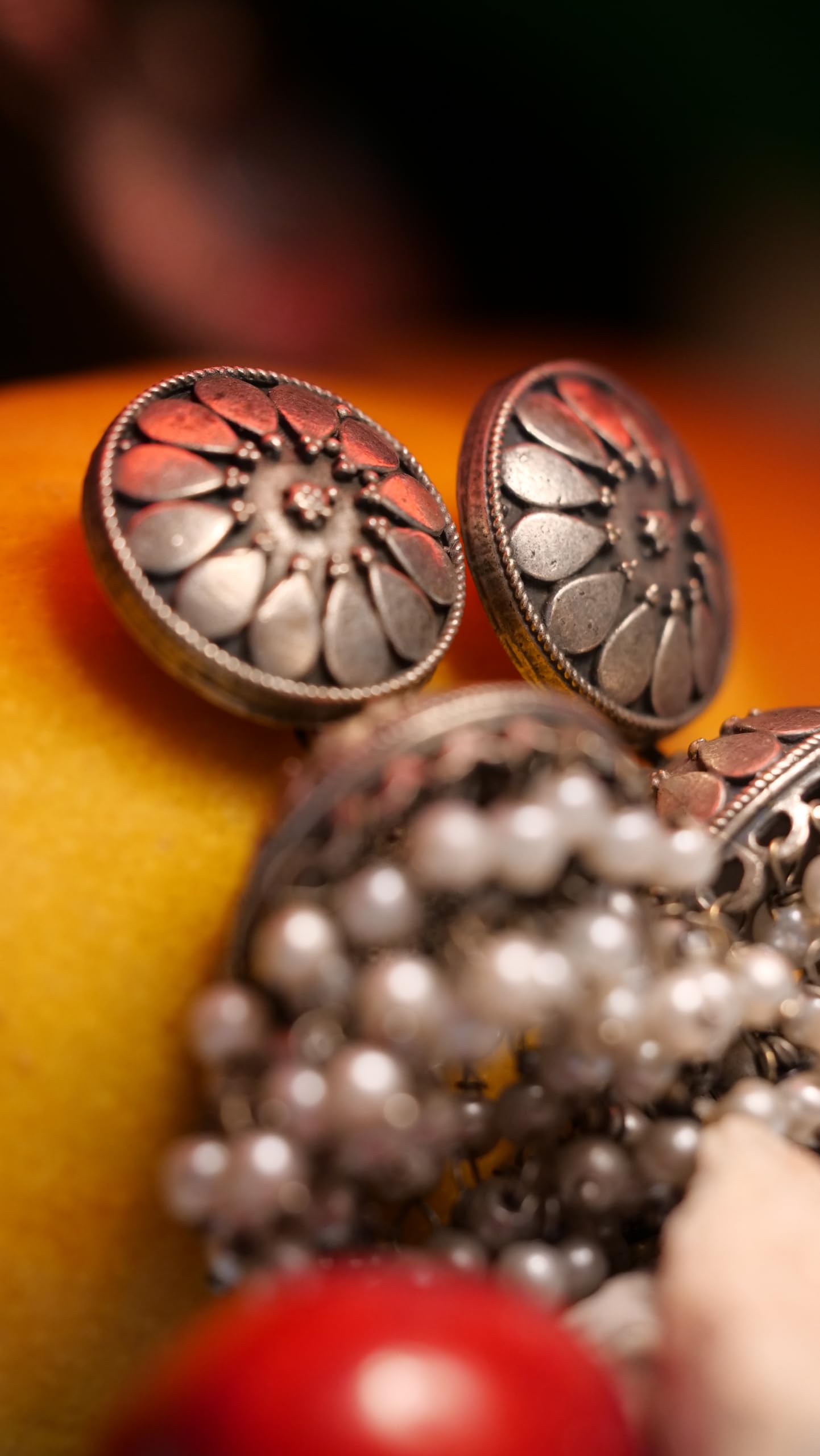 Hasto by Hasti Oxidised German Silver Floral Pearl Bead Jhumka Earrings for Women | Navratri Jhumka Earrings, Garba Jewellery, Kurti Earrings & Saree Wear