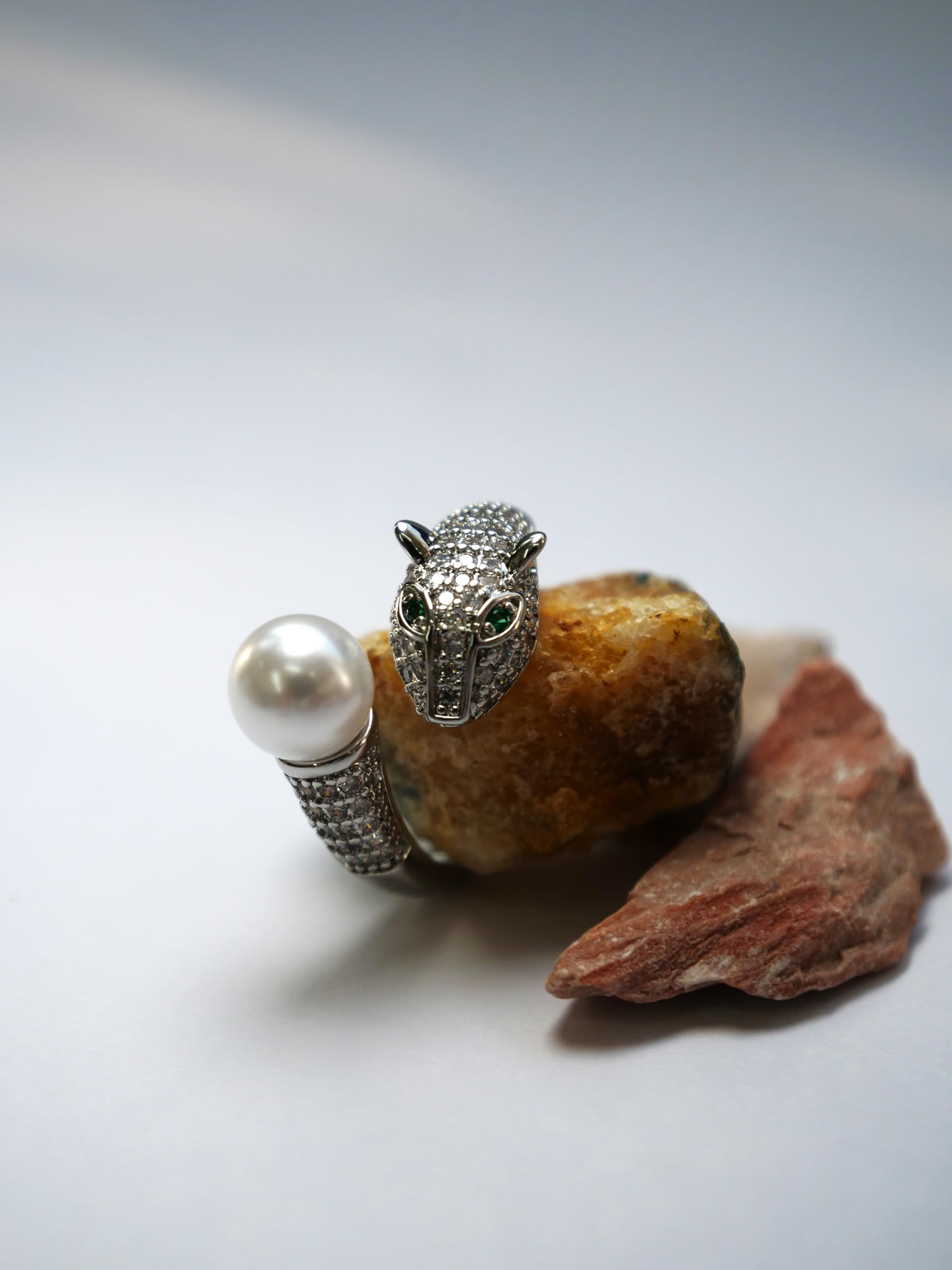 Hasto by Hasti Silver Leopard Pearl Adjustable Ring for Women & Girls | Statement Animal Design Ring | Party Fashion Ring