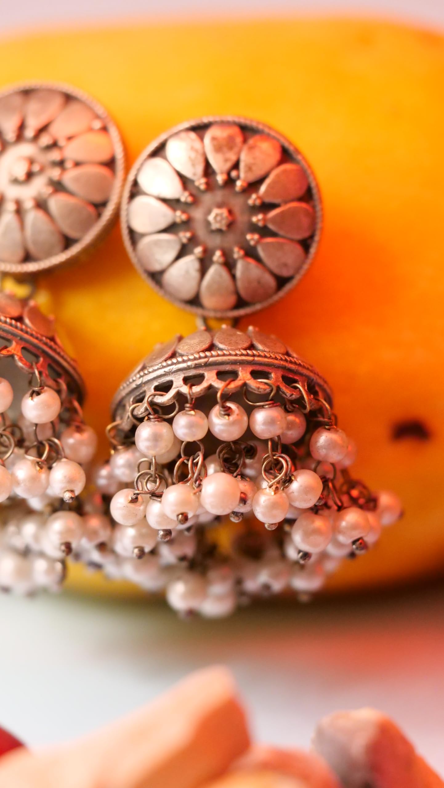 Hasto by Hasti Oxidised German Silver Floral Pearl Bead Jhumka Earrings for Women | Navratri Jhumka Earrings, Garba Jewellery, Kurti Earrings & Saree Wear