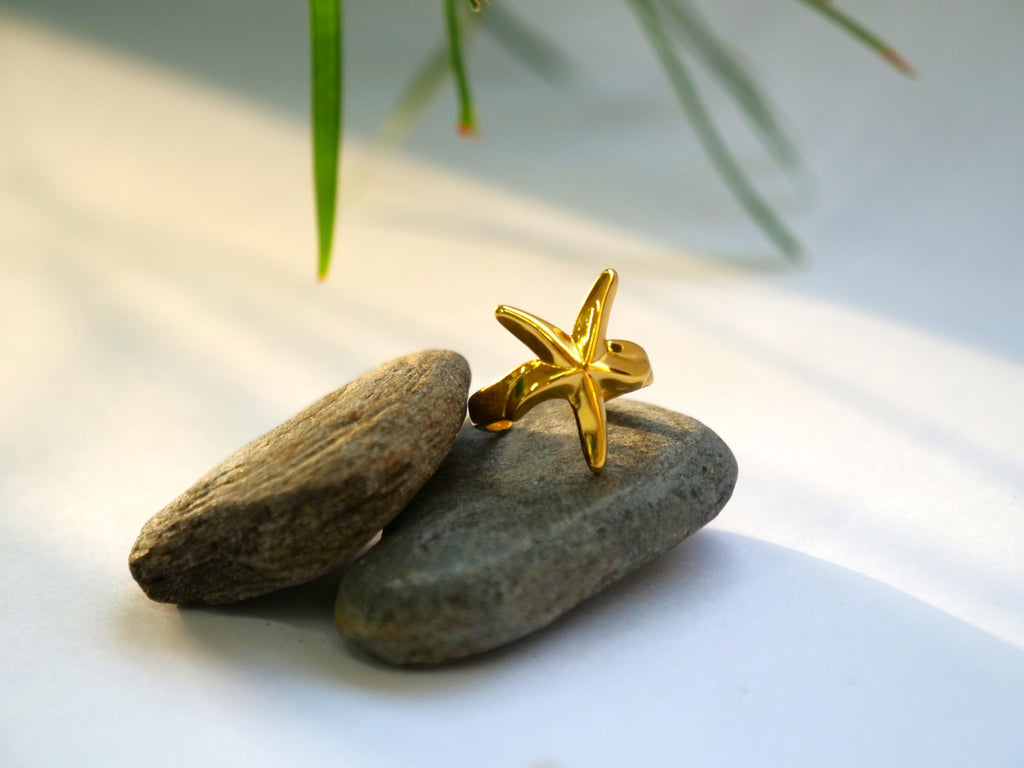 Hasto by Hasti Gold Starfish Adjustable Ring for Women & Girls | Ocean-Inspired Open Ring | Beach, Vacation, Party & Daily Wear Fashion Ring
