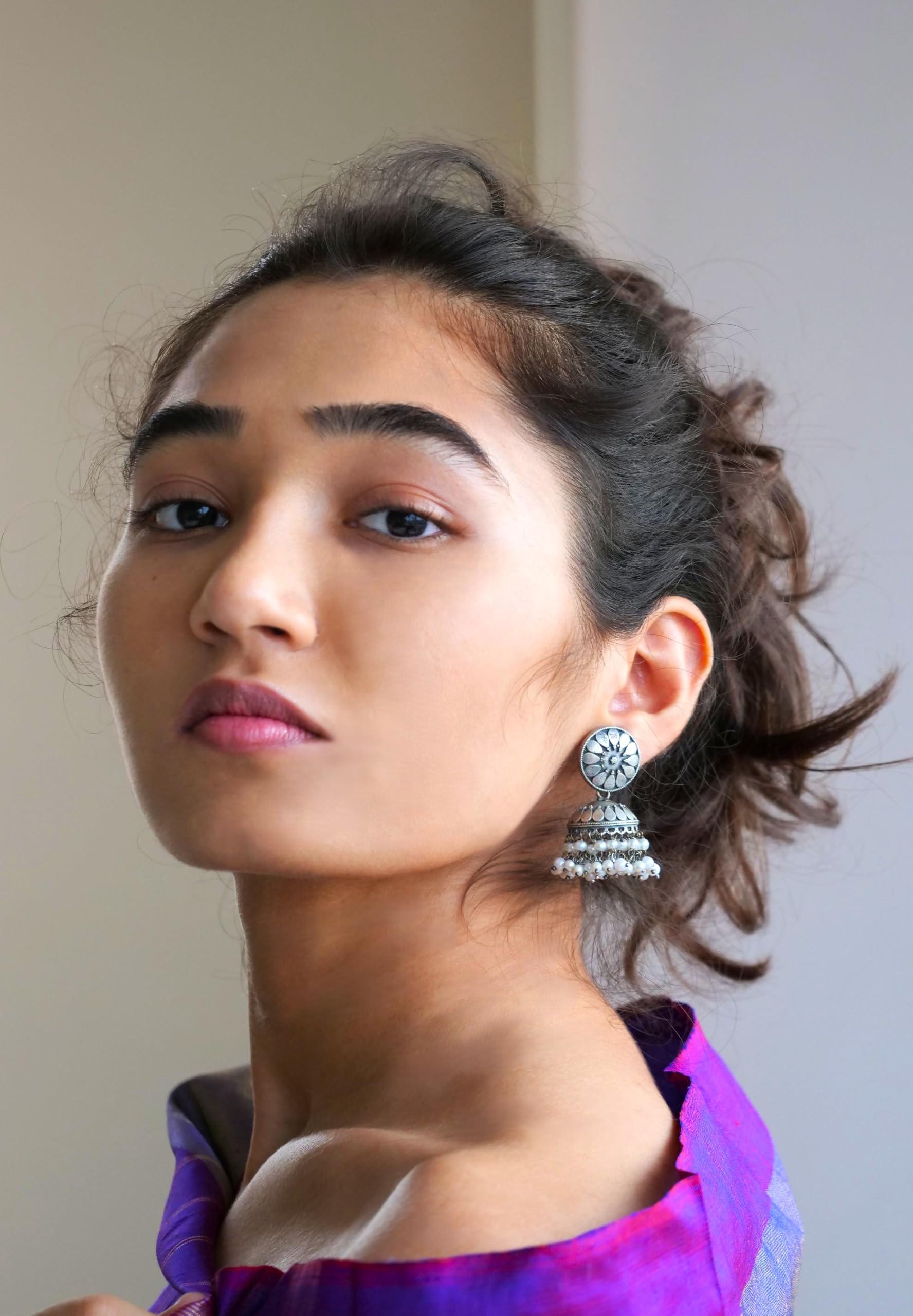 Hasto by Hasti Oxidised German Silver Floral Pearl Bead Jhumka Earrings for Women | Navratri Jhumka Earrings, Garba Jewellery, Kurti Earrings & Saree Wear