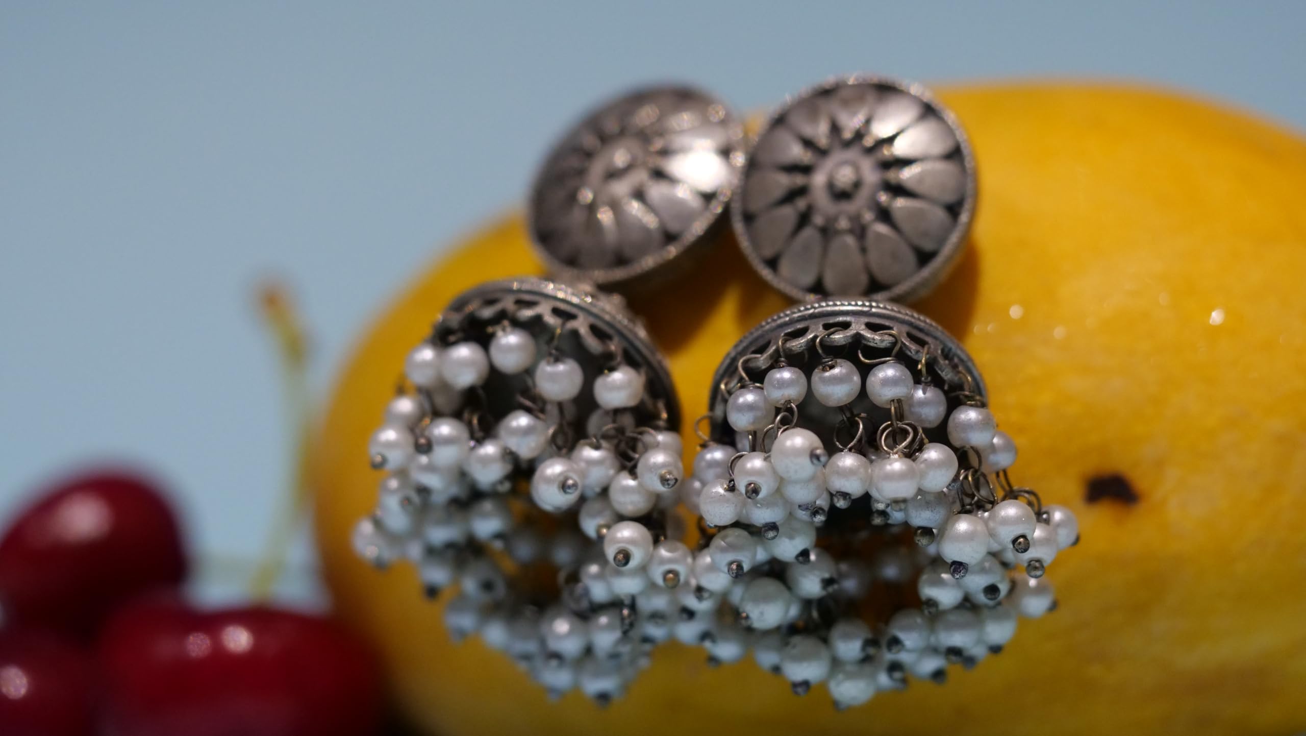 Hasto by Hasti Oxidised German Silver Floral Pearl Bead Jhumka Earrings for Women | Navratri Jhumka Earrings, Garba Jewellery, Kurti Earrings & Saree Wear