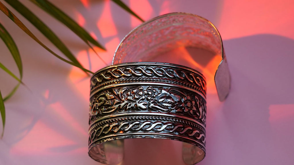 Hasto by Hasti Oxidised German Silver Floral Ropework Wide Cuff Bracelet for Women – Navratri, Garba & Festive Outfits