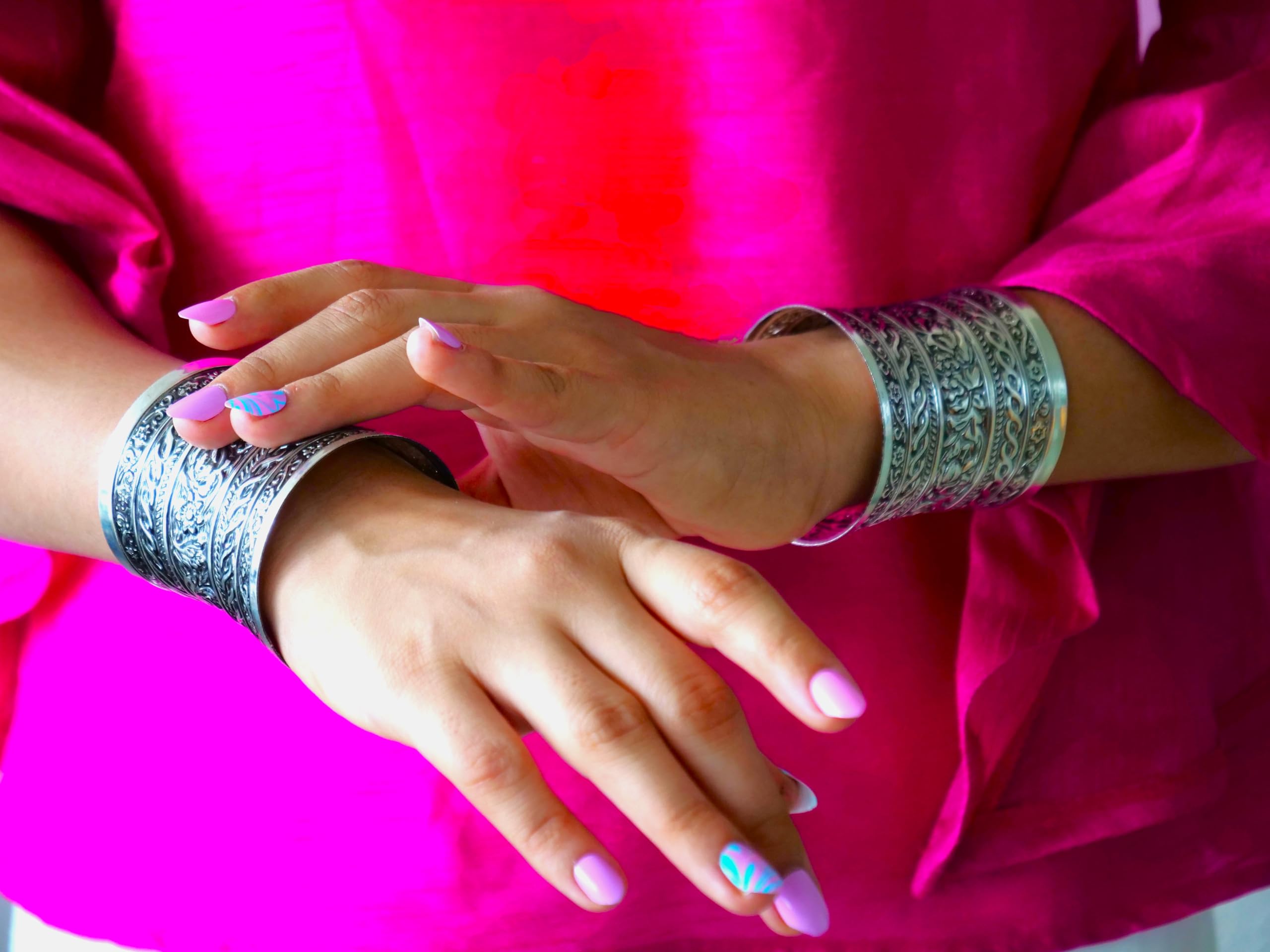 Hasto by Hasti Oxidised German Silver Floral Relief Panel Wide Cuff Bracelet for Women – Navratri, Saree & Kurti Looks