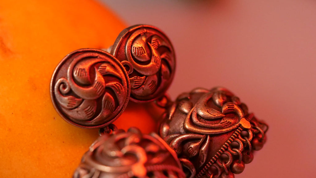 Hasto by Hasti Oxidised German Silver Floral Vine Dome Jhumka Earrings with Ghungroo Drops for Women | Navratri Earrings, Ethnic Kurti Earrings, Garba Jewellery & Saree Wear