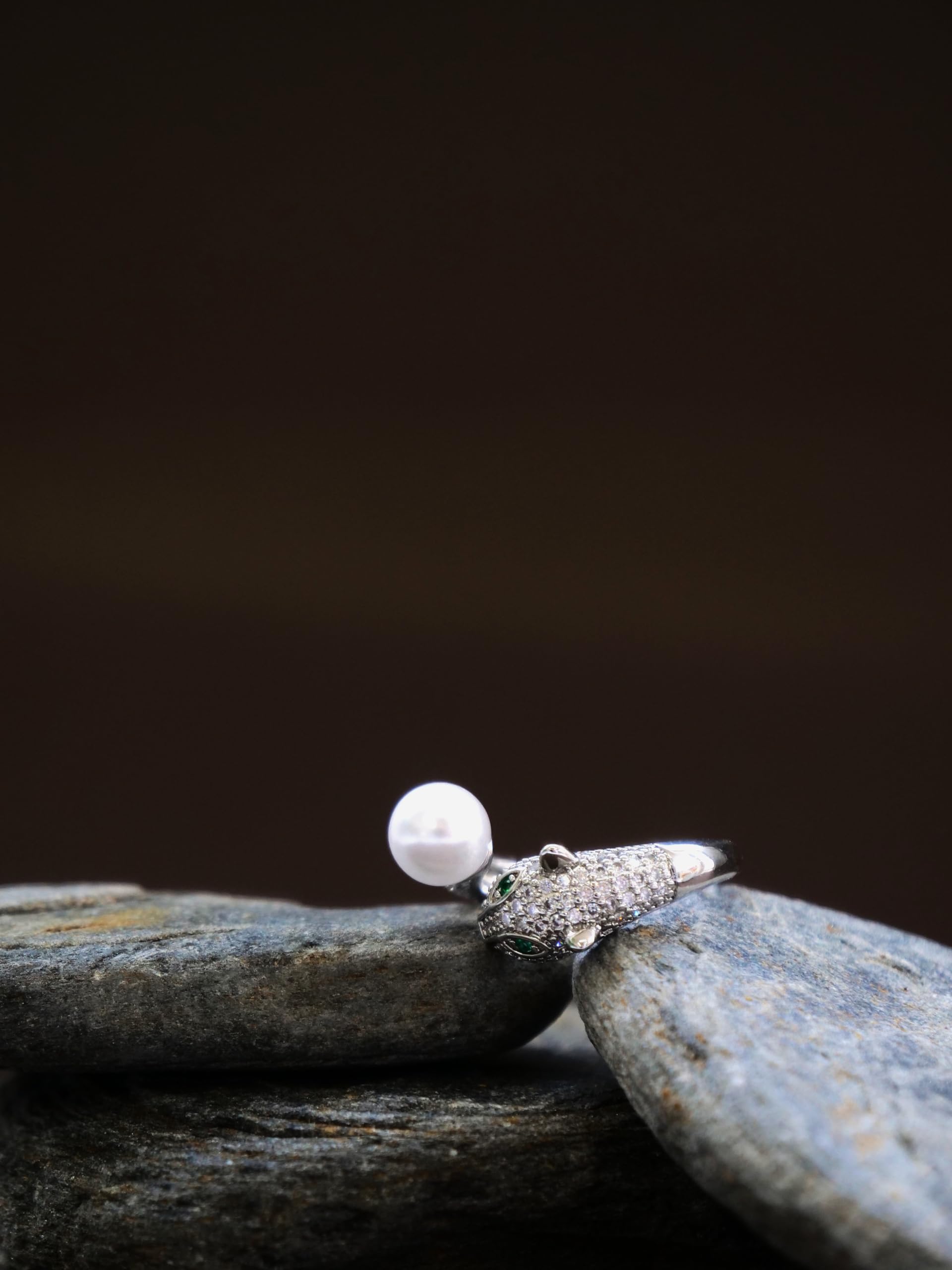 Hasto by Hasti Silver Leopard Pearl Adjustable Ring for Women & Girls | Statement Animal Design Ring | Party Fashion Ring