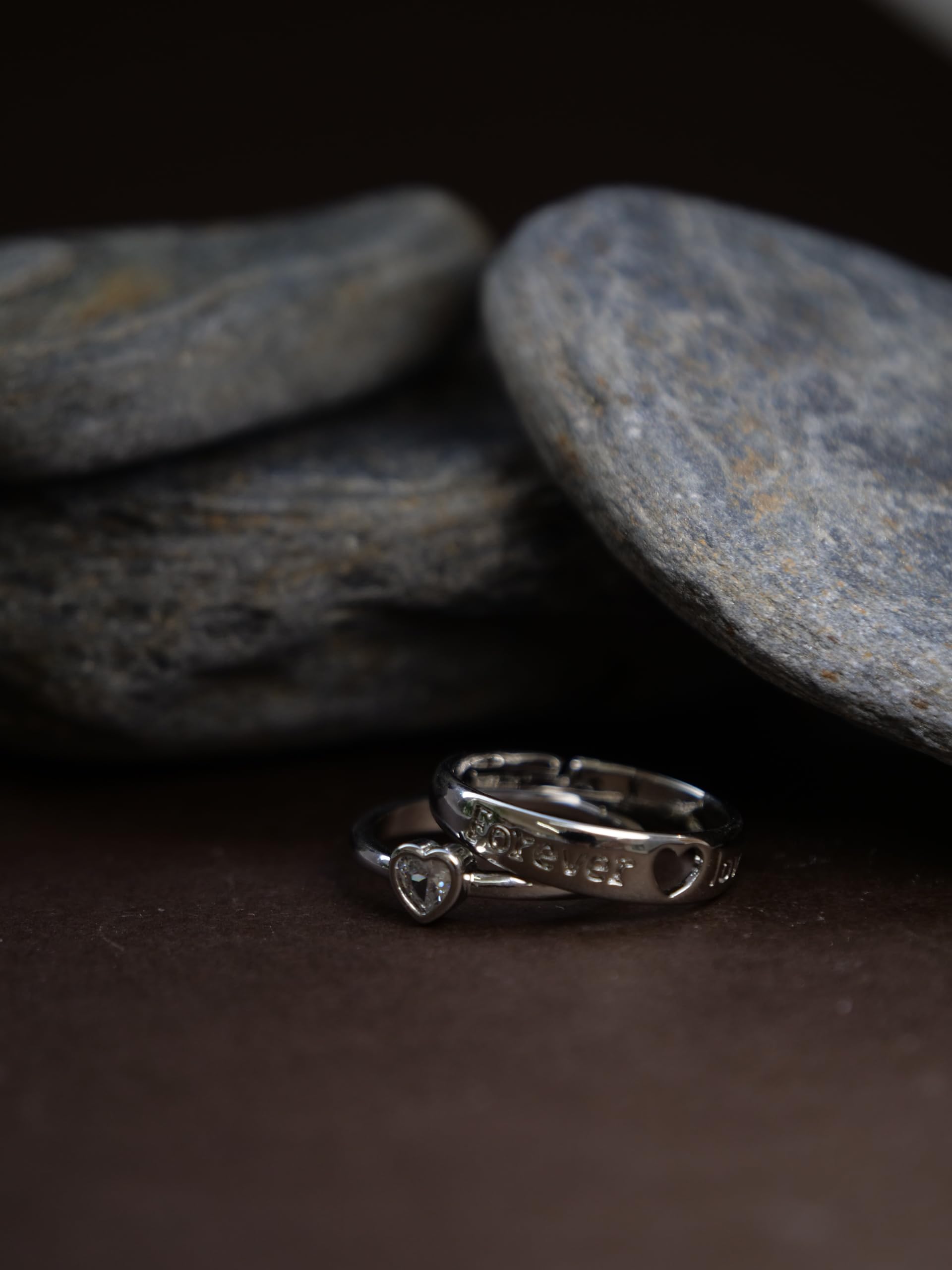 Hasto by Hasti Silver Love Couple Ring Set | Adjustable Matching Rings for Couples | Heart Design Promise Rings for Anniversary, Valentine’s Day & Gifting