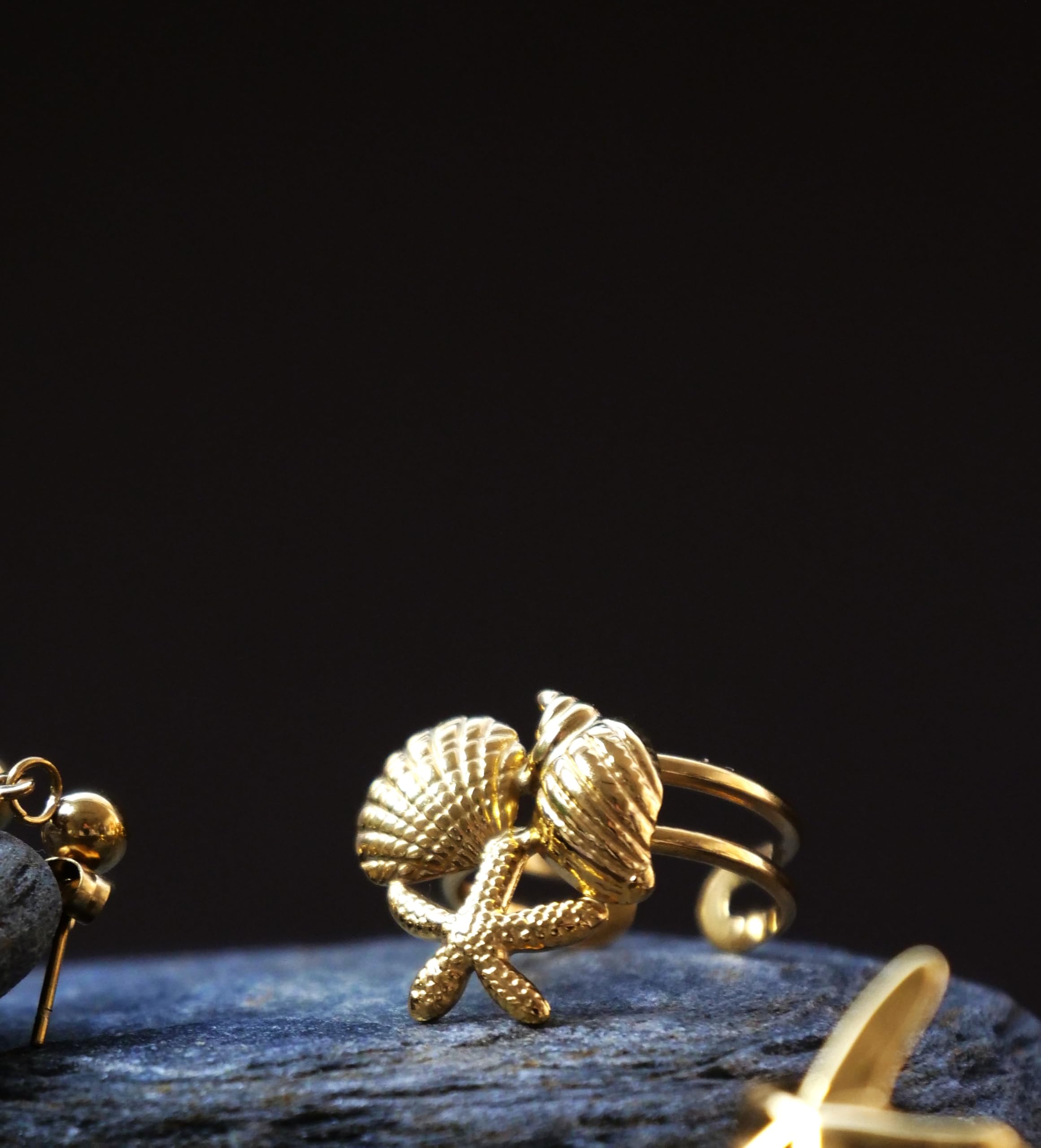 Hasto by Hasti Gold Sea Shell Starfish Adjustable Ring for Women & Girls | Ocean-Inspired Statement Ring | Vacation, Beach, Party & Daily Wear Fashion Ring