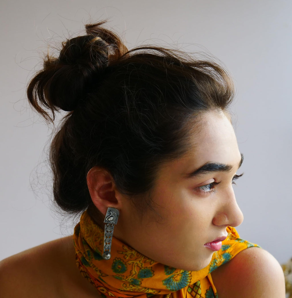 Hasto by Hasti Oxidised German Silver Peacock Motif Long Dangler Earrings for Women | Navratri Jewellery, Kurti Earrings, Garba Jewellery & Saree Wear