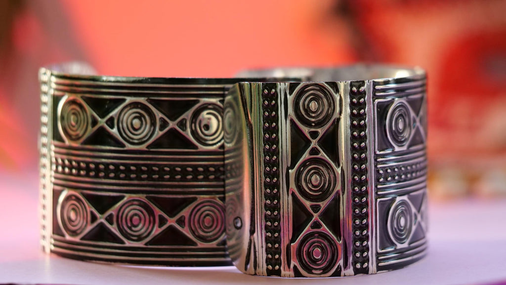 Hasto by Hasti Oxidised German Silver Concentric Circle Panel Wide Cuff Bracelet for Women – Navratri, Saree & Festive Outfits