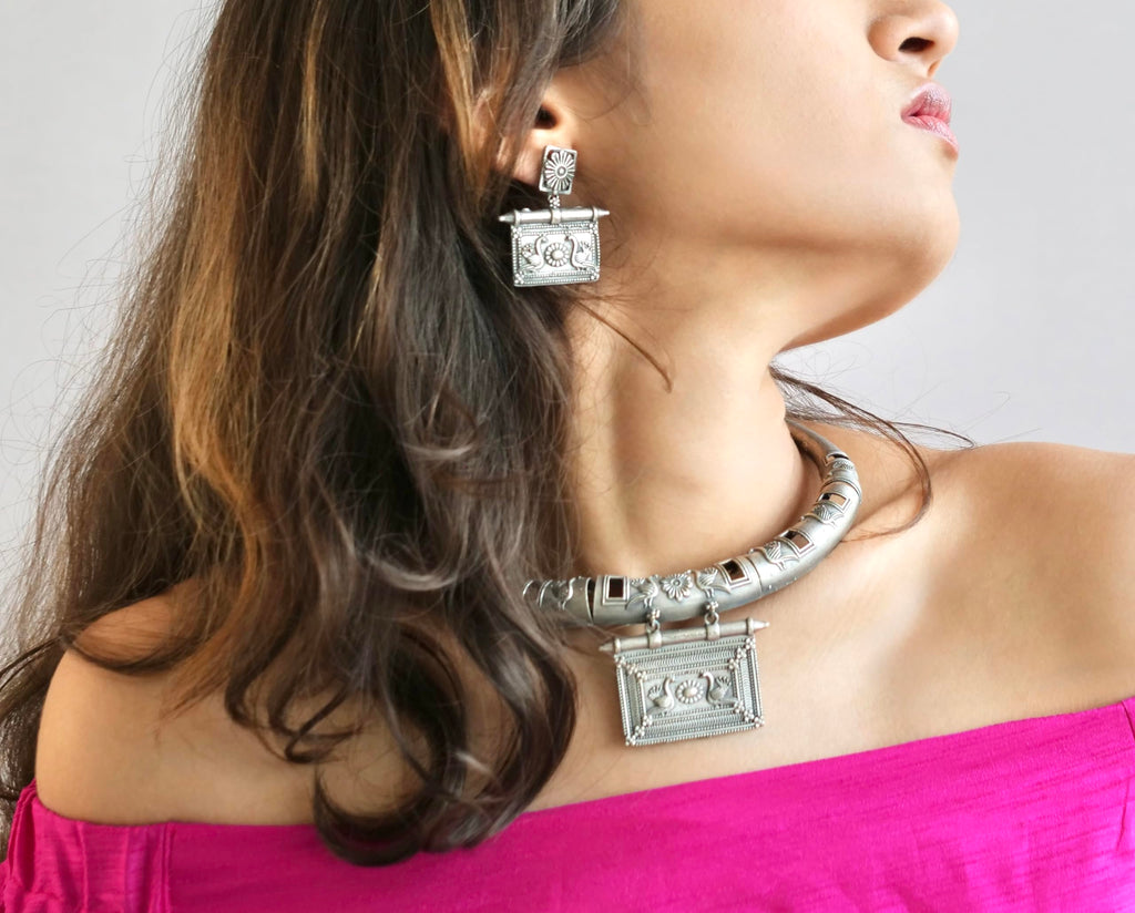Hasto by Hasti Oxidised German Silver Elephant Motif Choker Necklace Set with Earrings for Women | Navratri Jewellery, Ethnic Necklace Set for Saree, Kurti & Festive Style