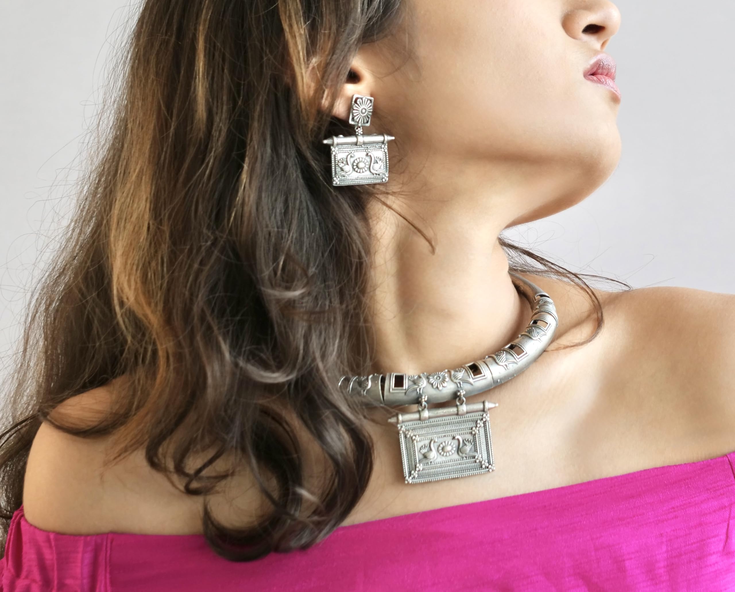 Hasto by Hasti Oxidised German Silver Elephant Motif Choker Necklace Set with Earrings for Women | Navratri Jewellery, Ethnic Necklace Set for Saree, Kurti & Festive Style