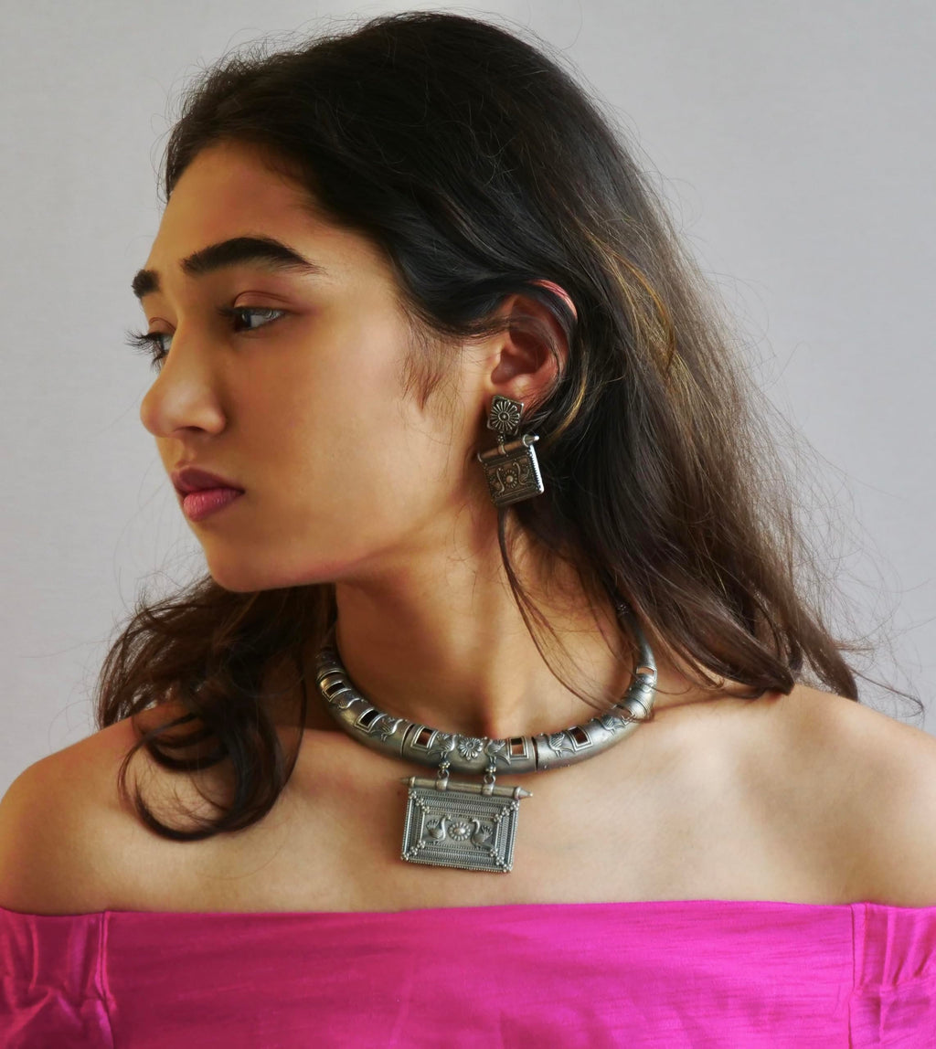Hasto by Hasti Oxidised German Silver Elephant Motif Choker Necklace Set with Earrings for Women | Navratri Jewellery, Ethnic Necklace Set for Saree, Kurti & Festive Style