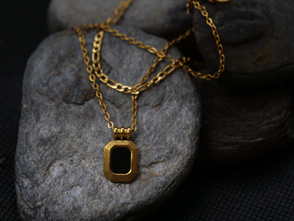 Hasto by Hasti Gold Layered Black Pendant Necklace for Women & Girls | Double Layer Chain Necklace with Square Black Charm | Minimal Daily Wear, Party & Gift Jewellery