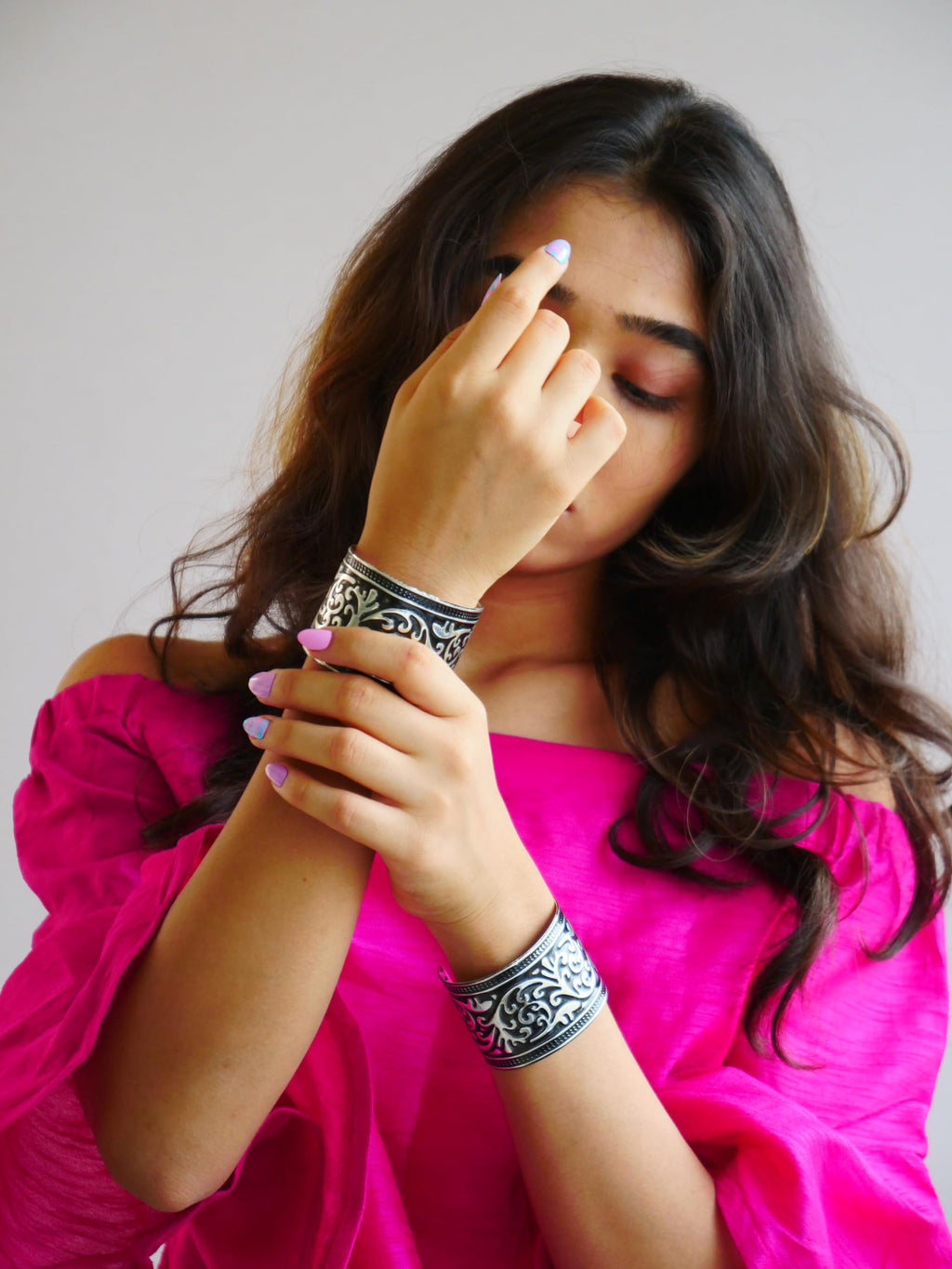 Hasto by Hasti Oxidised German Silver Floral Vine Wide Cuff Bracelet for Women – Navratri, Garba & Chaniya Choli Looks