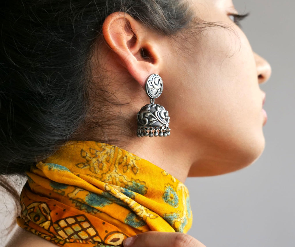 Hasto by Hasti Oxidised German Silver Floral Vine Dome Jhumka Earrings with Ghungroo Drops for Women | Navratri Earrings, Ethnic Kurti Earrings, Garba Jewellery & Saree Wear