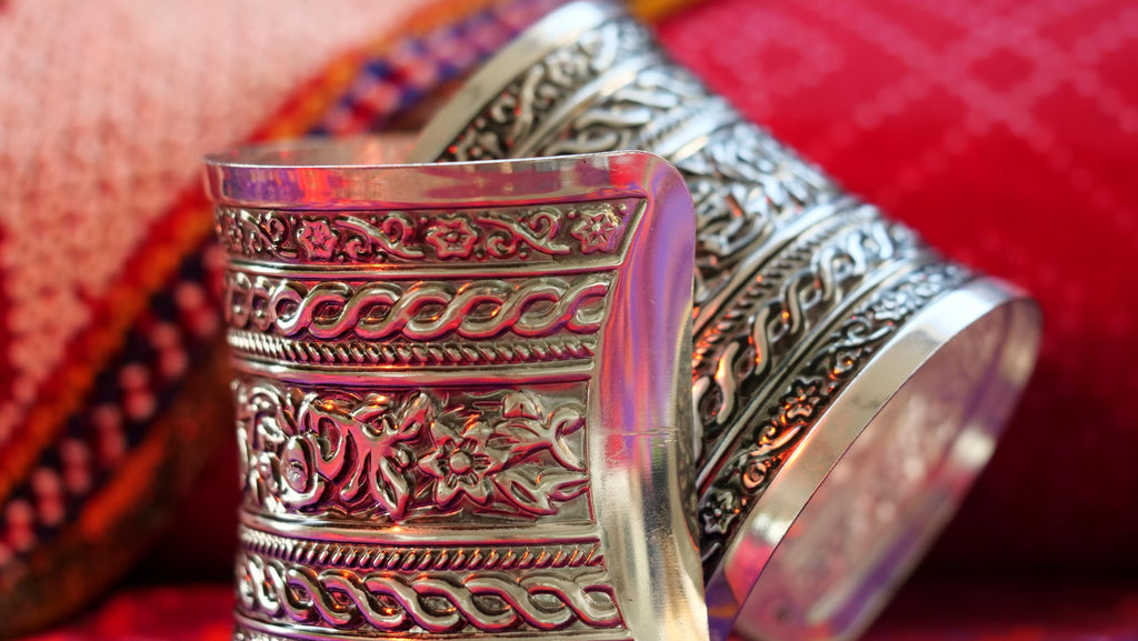 Hasto by Hasti Oxidised German Silver Floral Relief Panel Wide Cuff Bracelet for Women – Navratri, Saree & Kurti Looks