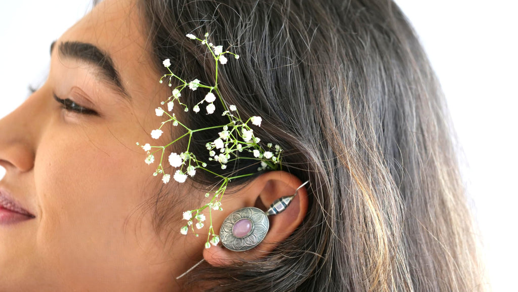 Hasto by Hasti Oxidised German Silver Floral Stone Bugadi Style Earrings for Women | Navratri Earrings, Kurti Earrings, Garba Jewellery & Saree Wear