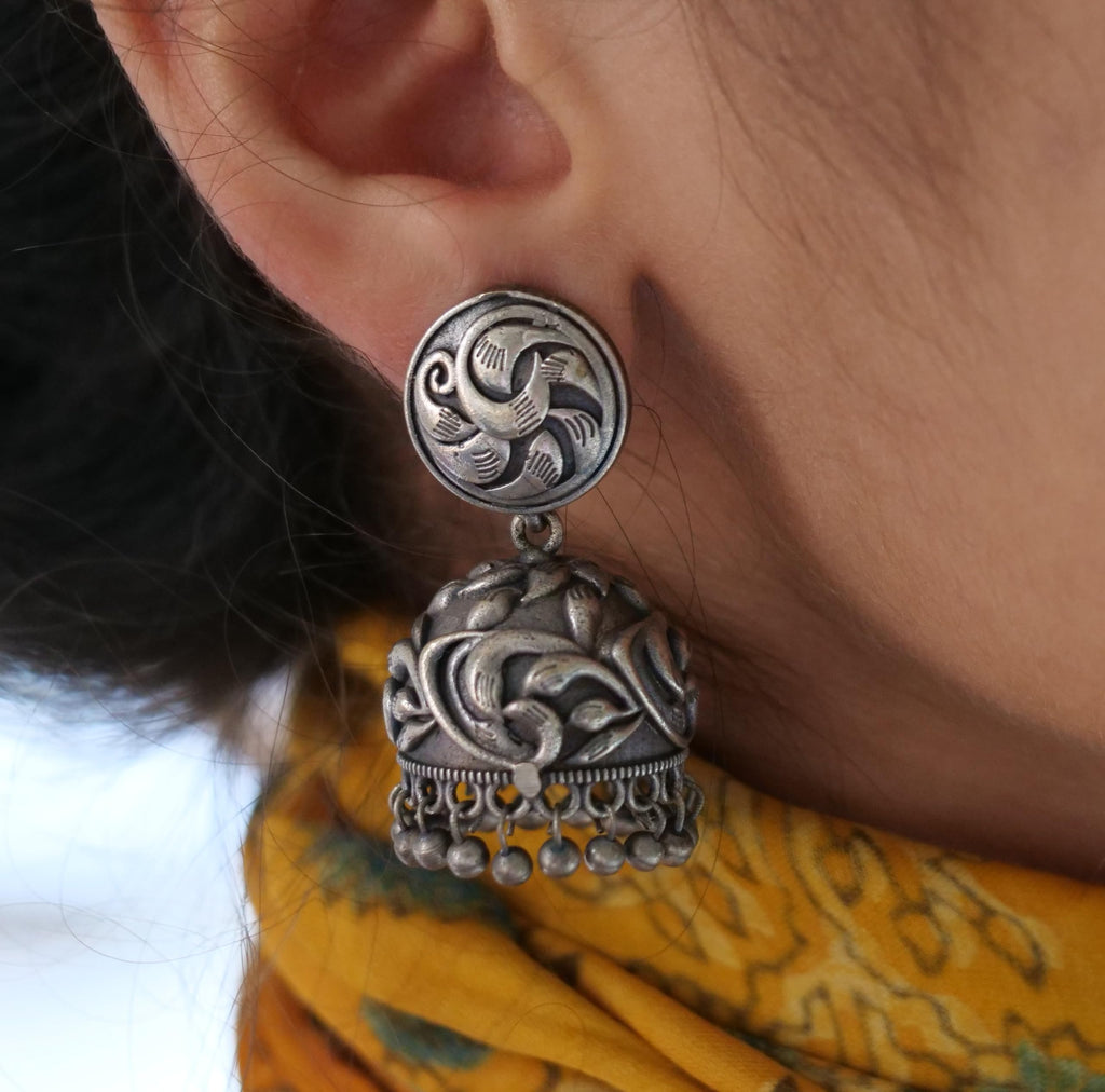 Hasto by Hasti Oxidised German Silver Floral Vine Dome Jhumka Earrings with Ghungroo Drops for Women | Navratri Earrings, Ethnic Kurti Earrings, Garba Jewellery & Saree Wear
