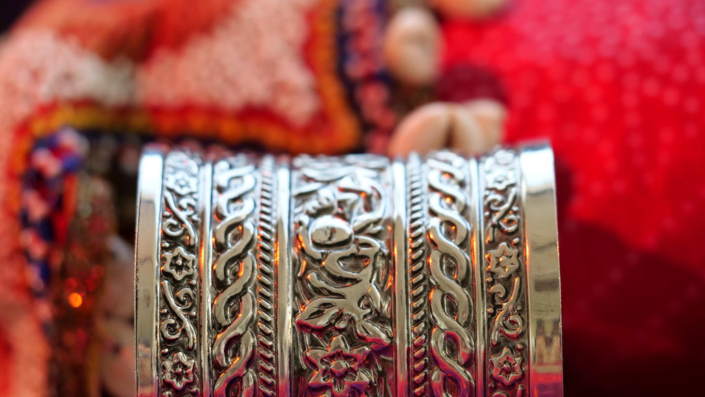Hasto by Hasti Oxidised German Silver Floral Relief Panel Wide Cuff Bracelet for Women – Navratri, Saree & Kurti Looks