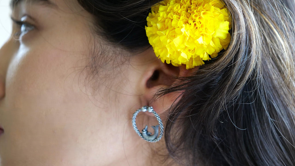 Hasto by Hasti Oxidised German Silver Fish Motif Round Bali Hoop Earrings for Women | Ethnic Kurti Earrings