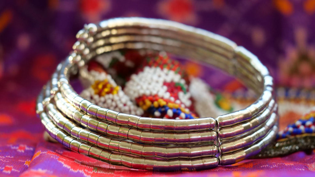 Hasto by Hasti German Silver Choker Necklace & Bracelet Set for Women | Flexible Spring-Back Tube Bead Jewellery | No-Clasp Pull-On Rajasthani Ethnic Set