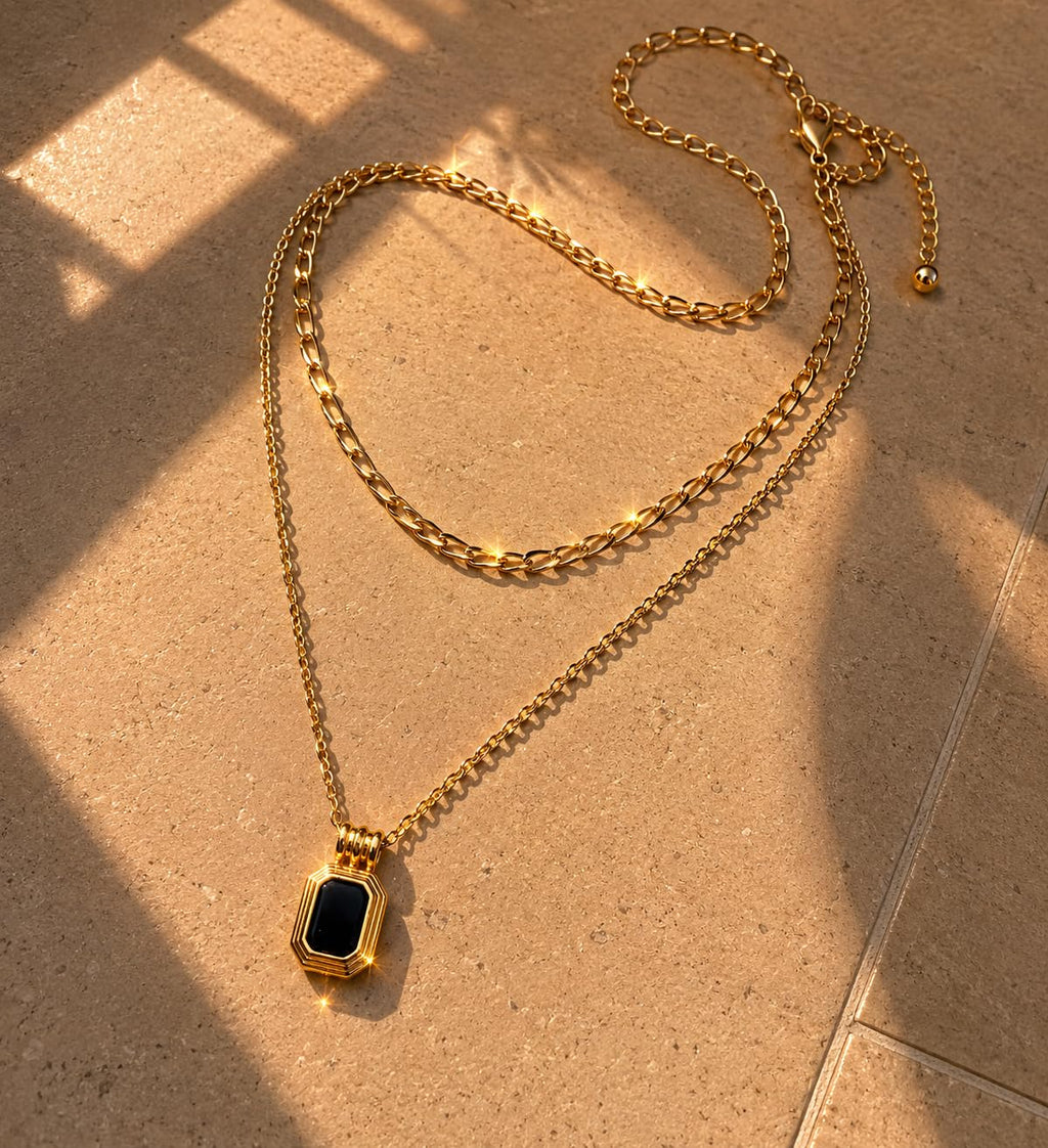 Hasto by Hasti Gold Layered Black Pendant Necklace for Women & Girls | Double Layer Chain Necklace with Square Black Charm | Minimal Daily Wear, Party & Gift Jewellery