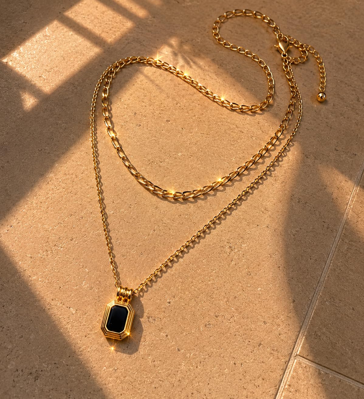 Hasto by Hasti Gold Layered Black Pendant Necklace for Women & Girls | Double Layer Chain Necklace with Square Black Charm | Minimal Daily Wear, Party & Gift Jewellery