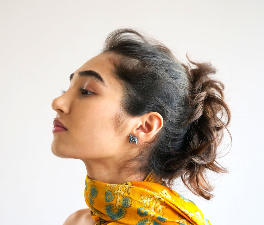 Hasto by Hasti Oxidised German Silver Cow Motif Stud Earrings for Women | Navratri Earrings, Ethnic Kurti Earrings, Garba Jewellery & Saree Wear