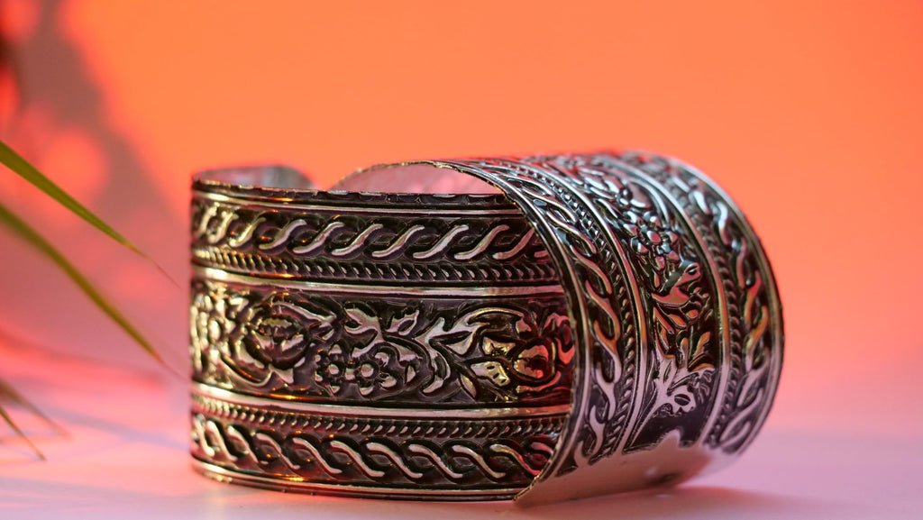 Hasto by Hasti Oxidised German Silver Floral Ropework Wide Cuff Bracelet for Women – Navratri, Garba & Festive Outfits