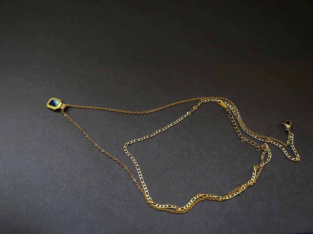 Hasto by Hasti Gold Layered Black Pendant Necklace for Women & Girls | Double Layer Chain Necklace with Square Black Charm | Minimal Daily Wear, Party & Gift Jewellery