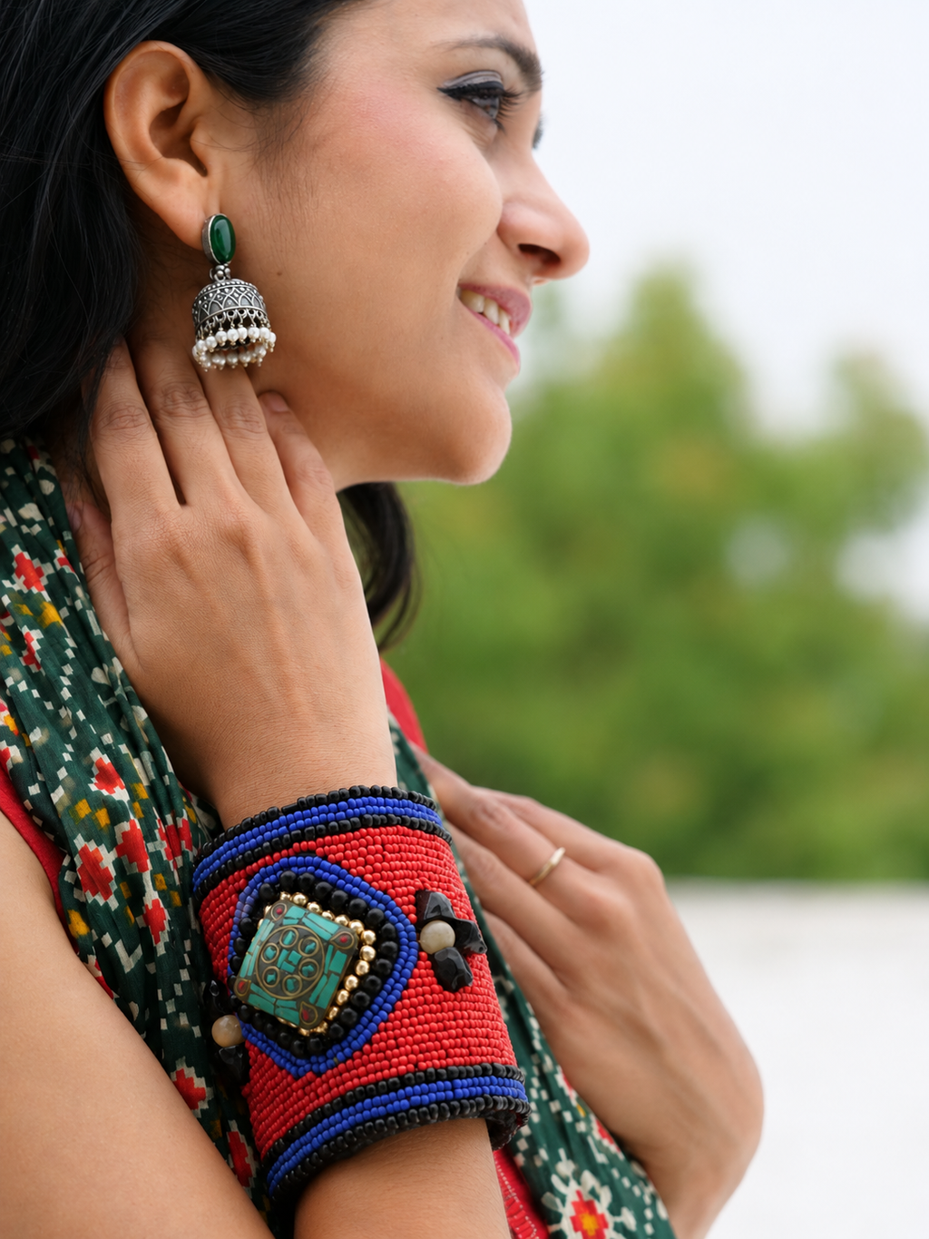 Hasto by Hasti The Bazaar Oxidised Statement Cuff Bracelet for Women, Beaded Wide Adjustable Bracelet