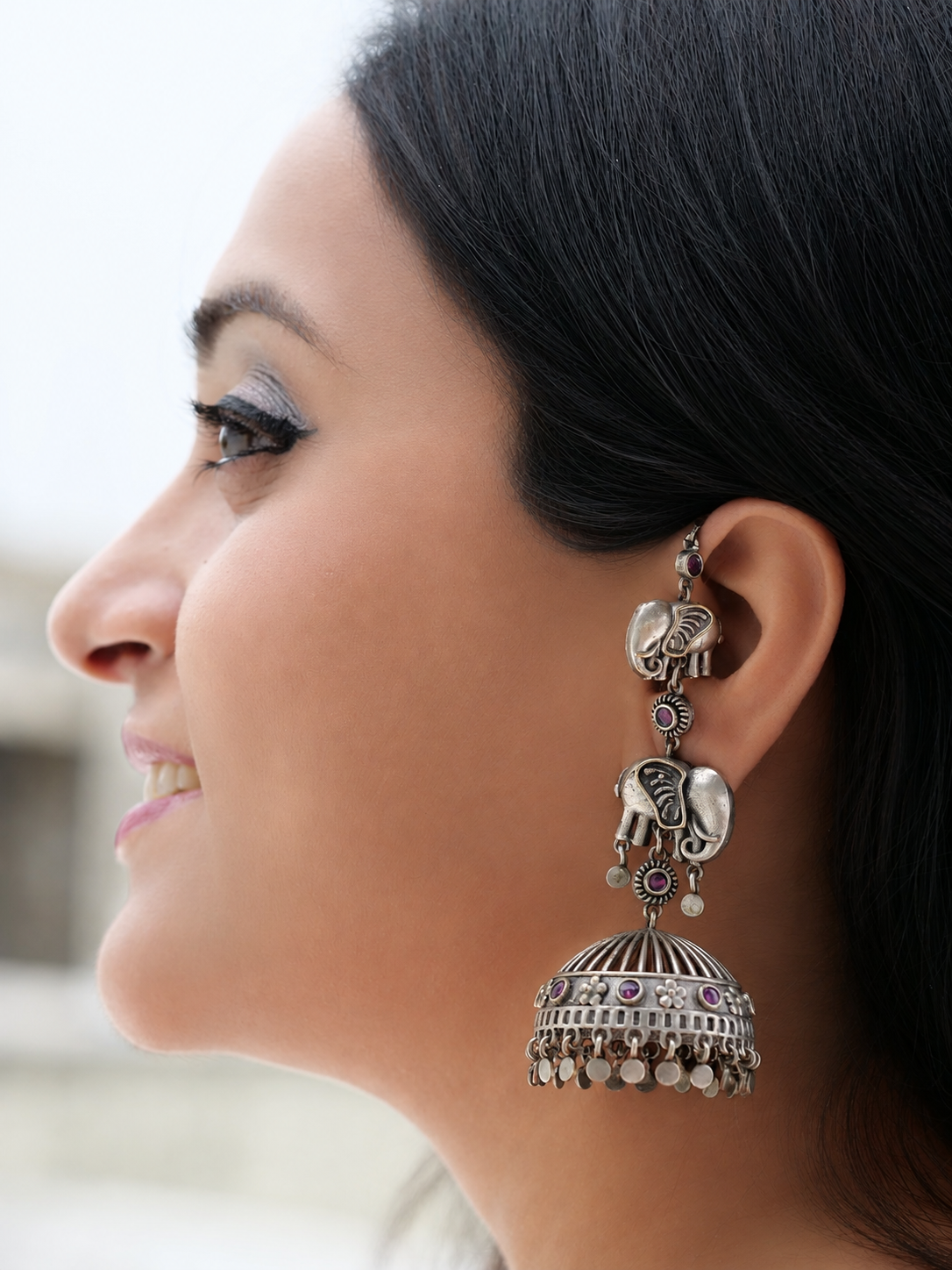 Hasto by Hasti The Elephant Trail Oxidised Jhumka Earrings for Women, Elephant Motif Long Statement Earrings, Silver-Tone