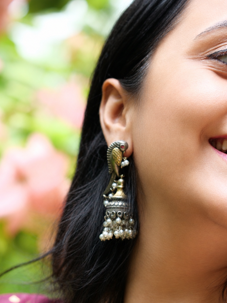 The Parrot Story Oxidised Jhumka