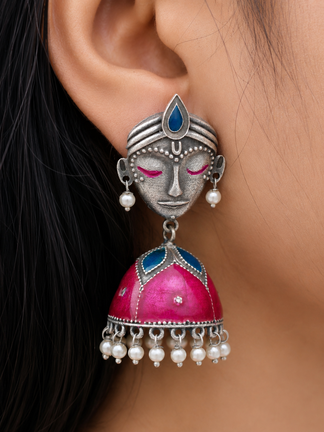The Painted Muse Oxidised Jhumka Earrings for Women, Enamel Face Motif Statement Earrings