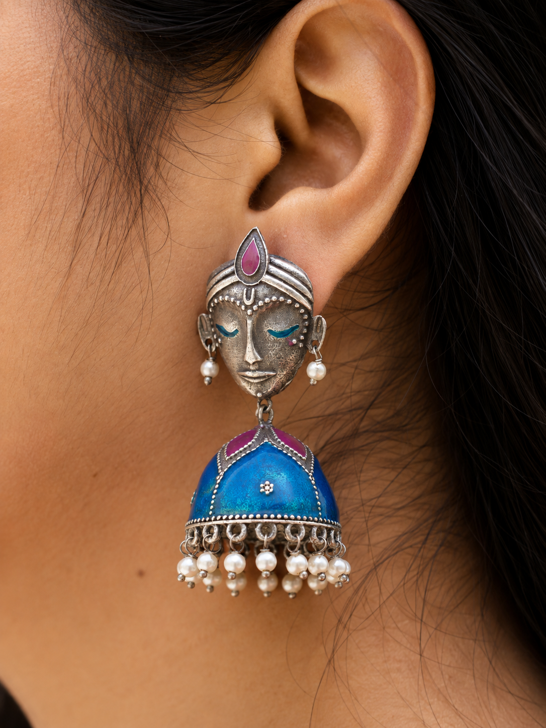 The Painted Muse Oxidised Jhumka Earrings for Women, Enamel Face Motif Statement Earrings