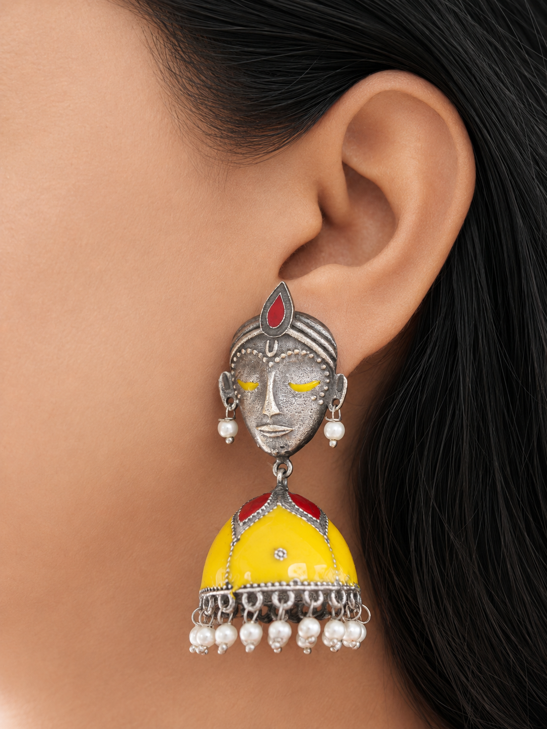 The Painted Muse Oxidised Jhumka Earrings for Women, Enamel Face Motif Statement Earrings