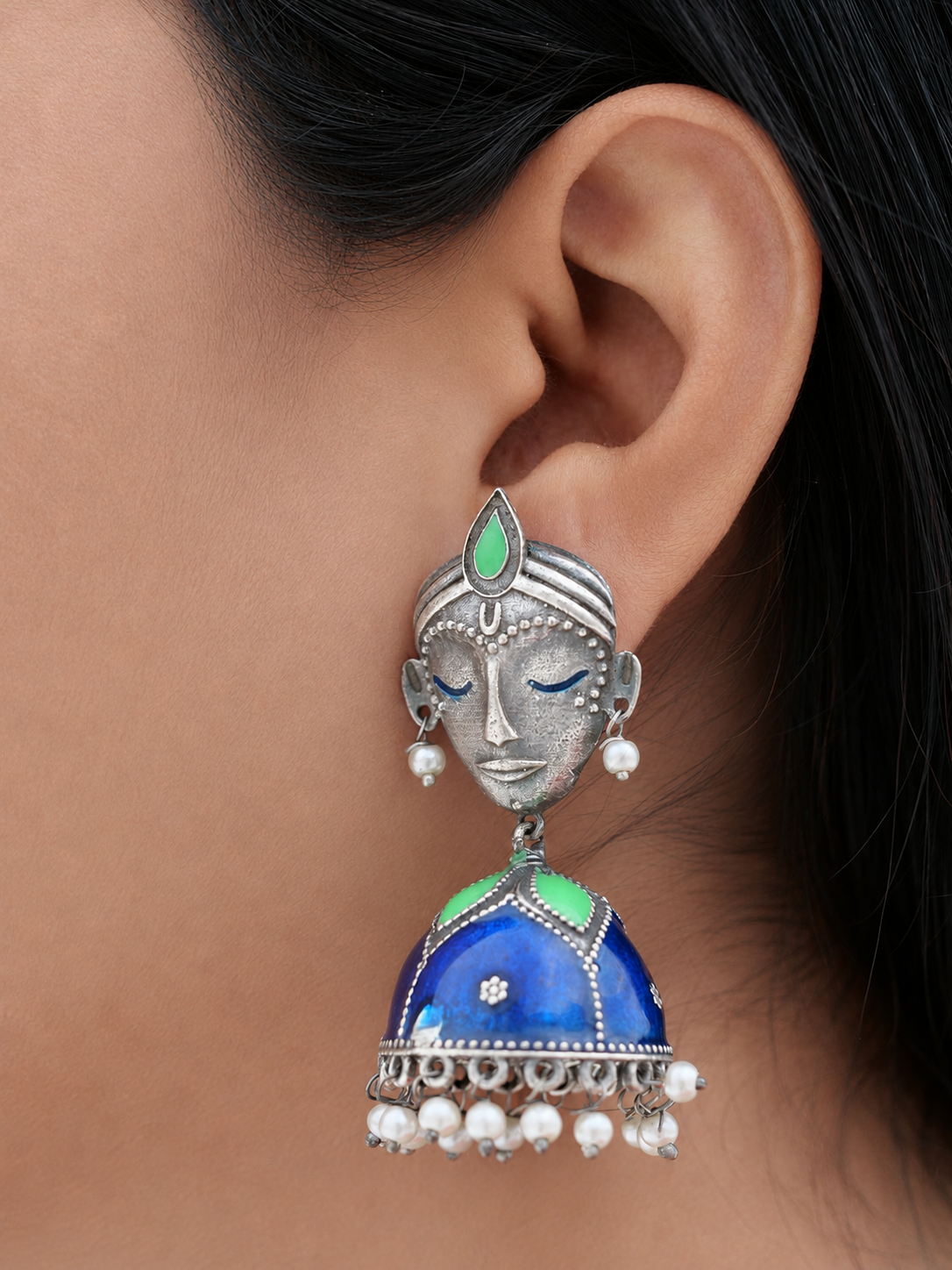 The Painted Muse Oxidised Jhumka Earrings for Women, Enamel Face Motif Statement Earrings