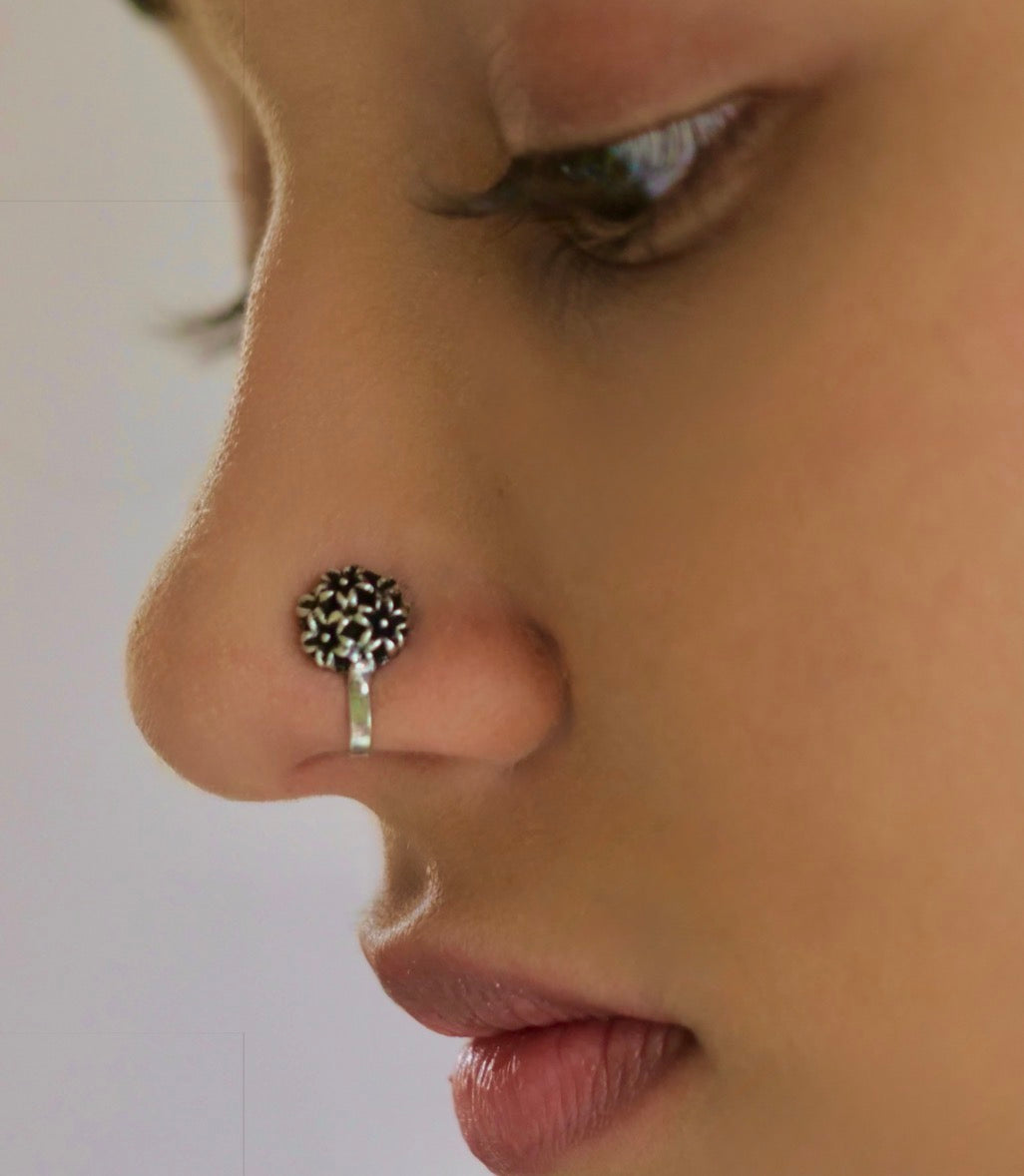 Hasto by Hasti Oxidised Silver-Tone Clip-On Nose Pins for Women, Floral & Geometric Patterns