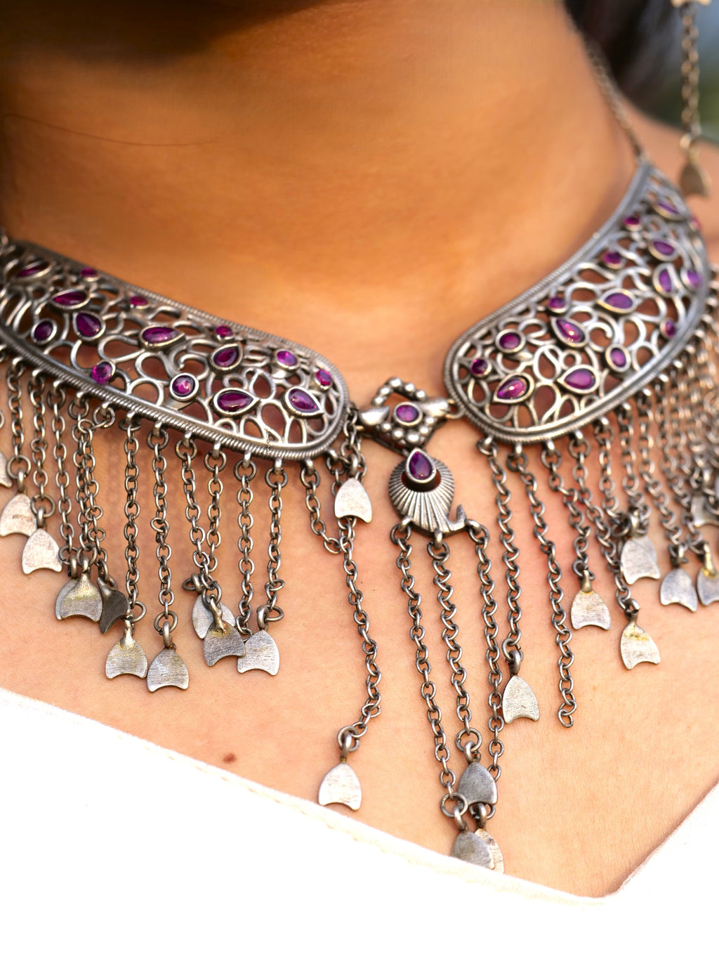 Hasto by Hasti The Fringe Collar Oxidised Silver-Tone Necklace Set for Women, Pink Stone Openwork Chain Fringe Jewellery